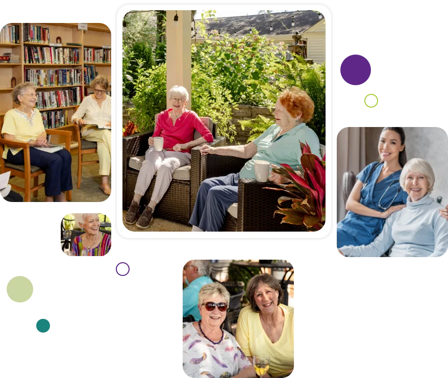 Collage of photos showing senior living residents being active and enjoying community amenities